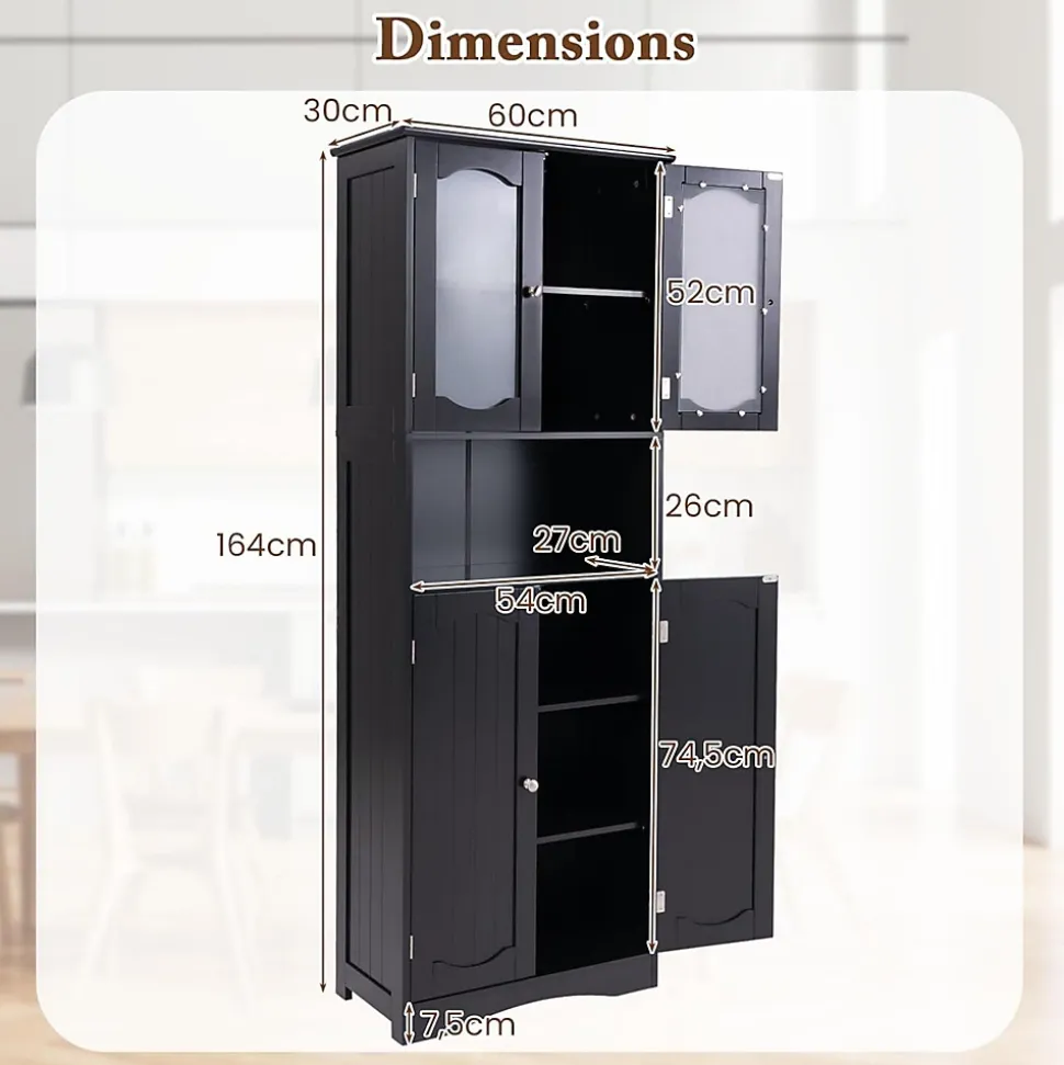 Armoire de Rangement Haute,avec Portes en Verre, Etagères,2/3 Compartiments Ouverts,pour Salle de Bain,Cuisine (60x30x164cm,Noir)
