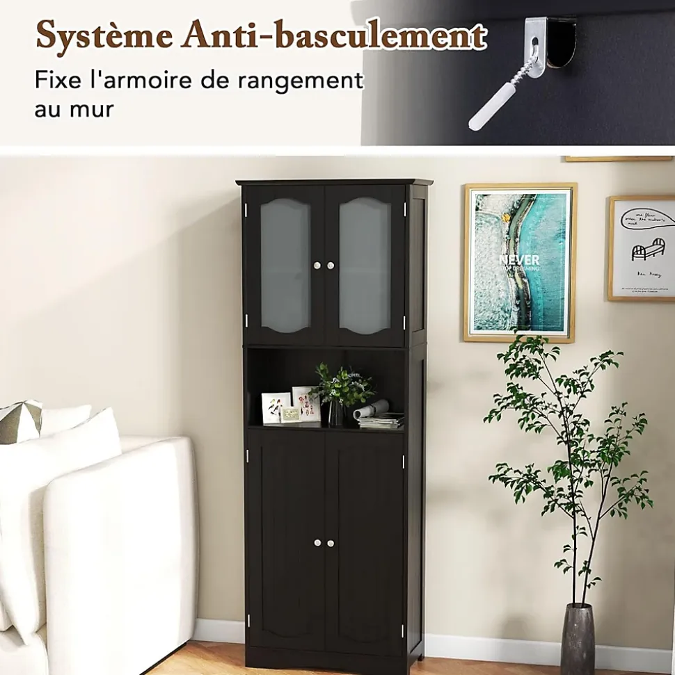 Armoire de Rangement Haute,avec Portes en Verre, Etagères,2/3 Compartiments Ouverts,pour Salle de Bain,Cuisine (60x30x164cm,Noir)