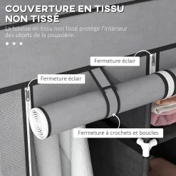 Armoire de Rangement Penderie en Tissu Gris Pliable + 5 Etagères + 3 Tiroirs et 2 Barres de Suspension Chambre Dressing