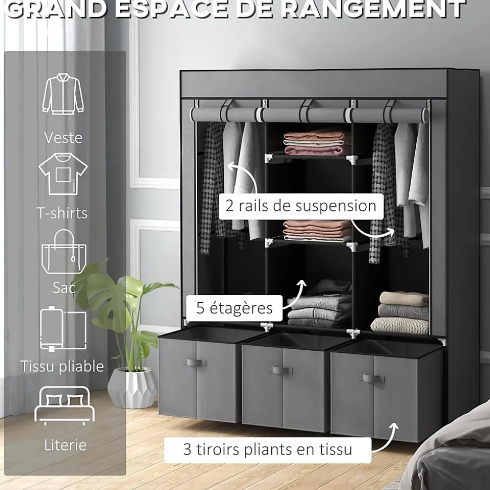 Armoire de Rangement Penderie en Tissu Gris Pliable + 5 Etagères + 3 Tiroirs et 2 Barres de Suspension Chambre Dressing