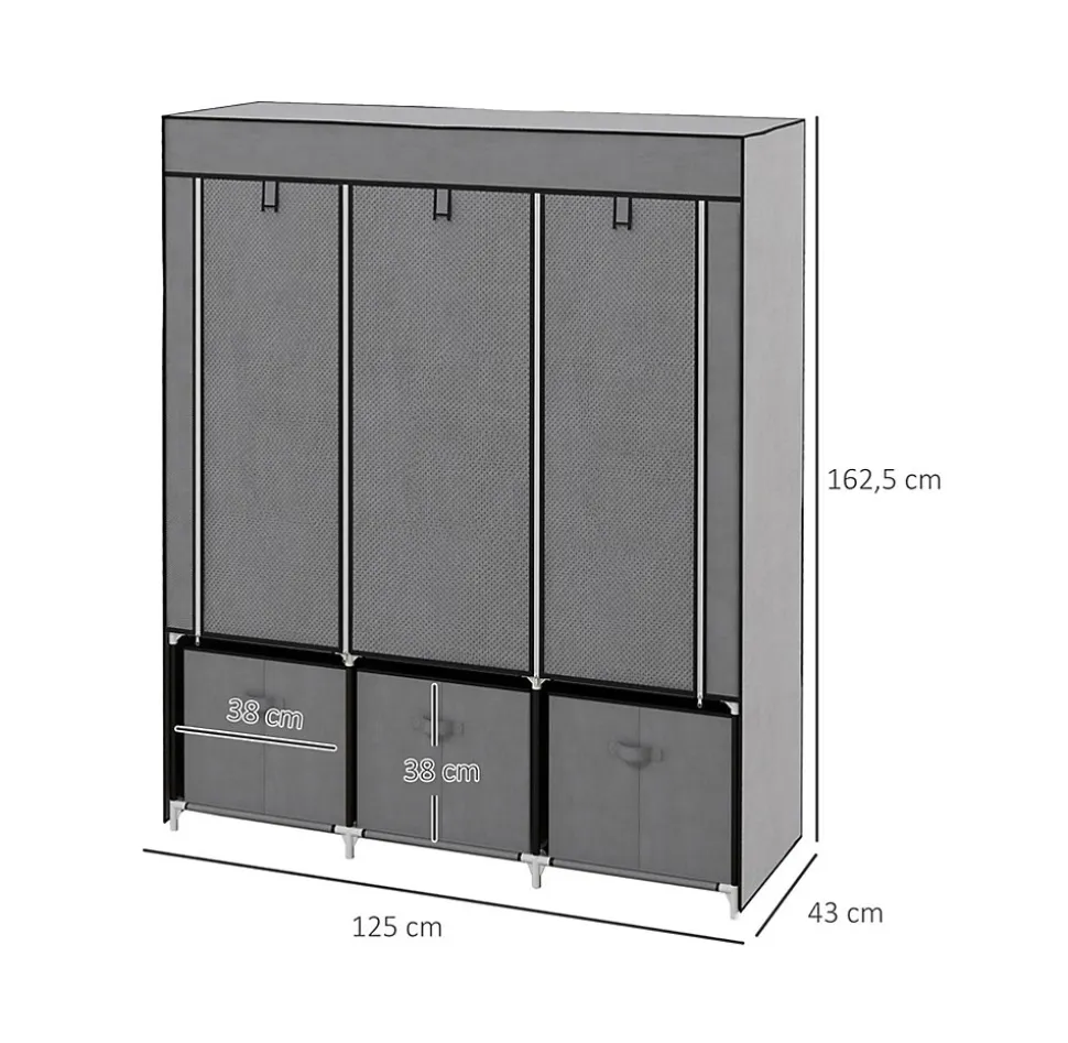 Armoire de Rangement Penderie en Tissu Gris Pliable + 5 Etagères + 3 Tiroirs et 2 Barres de Suspension Chambre Dressing