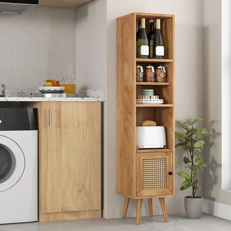 Armoire de Rangement scandinave Porte en Rotin et étagère Réglable Bibliothèque sur Pieds Autoportante Naturel