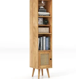 Armoire de Rangement scandinave Porte en Rotin et étagère Réglable Bibliothèque sur Pieds Autoportante Naturel