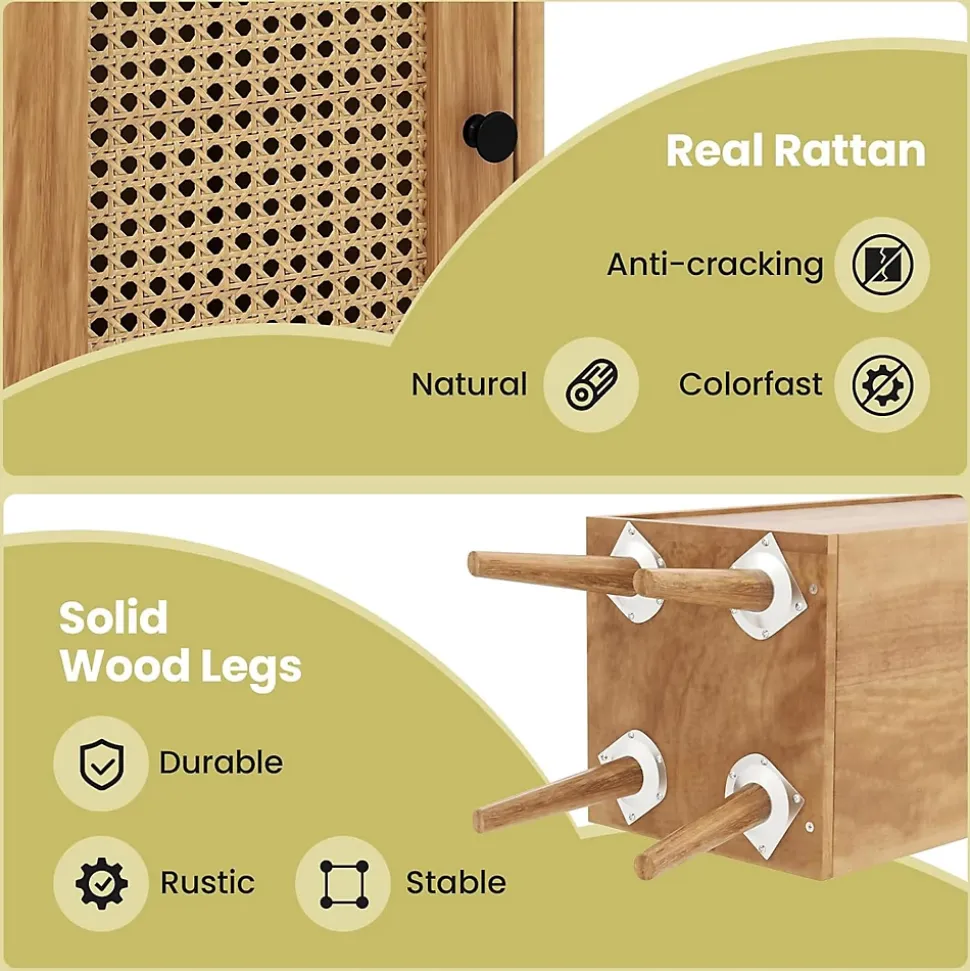 Armoire de Rangement scandinave Porte en Rotin et étagère Réglable Bibliothèque sur Pieds Autoportante Naturel