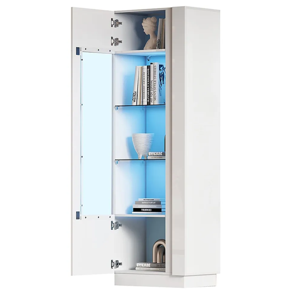 Armoire de rangement 60x40x180cm,blanc,vitrine avec porte acrylique,éclairage LED,3 étagères en verre