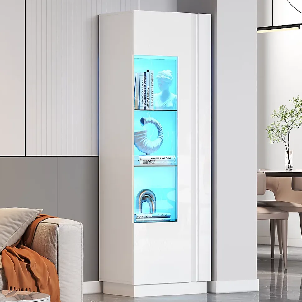 Armoire de rangement 60x40x180cm,blanc,vitrine avec porte acrylique,éclairage LED,3 étagères en verre