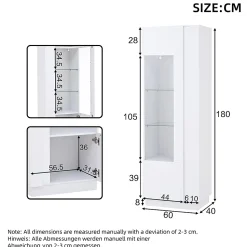 Armoire de rangement 60x40x180cm,blanc,vitrine avec porte acrylique,éclairage LED,3 étagères en verre