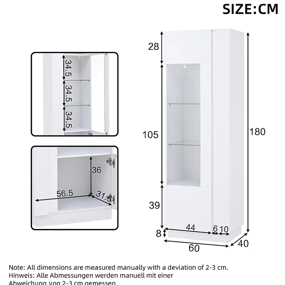 Armoire de rangement 60x40x180cm,blanc,vitrine avec porte acrylique,éclairage LED,3 étagères en verre