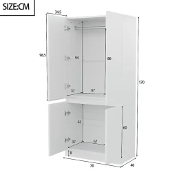 Armoire de rangement,70x40x170cm,blanc,double porte avec grands compartiments