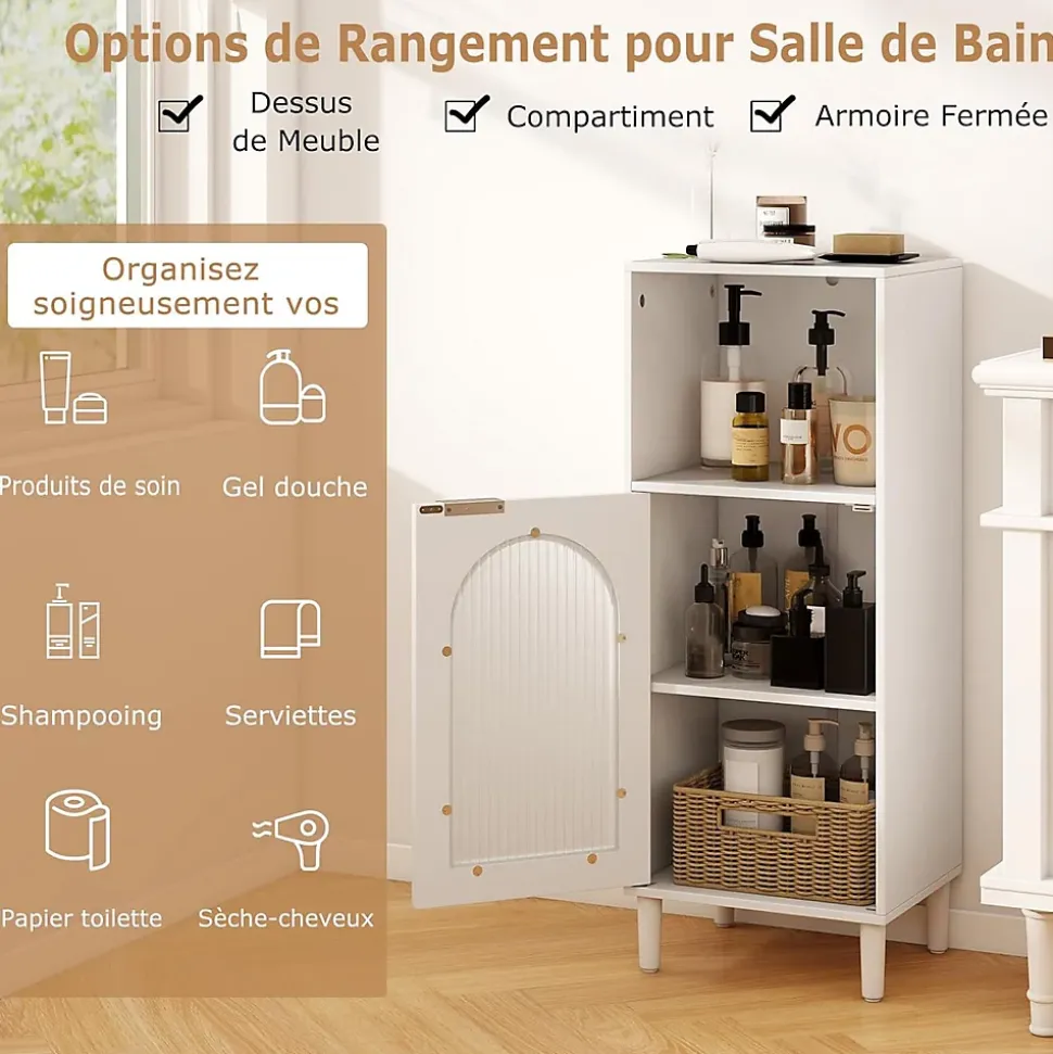 Armoire de Salle de Bain, avec Étagère Réglable, Porte Verre Cannelée,1 Compartiment Ouvert, pour Entrée, 35 x 30 x 90 cm, Blanc
