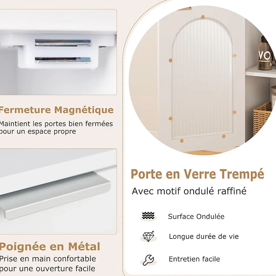 Armoire de Salle de Bain, avec Étagère Réglable, Porte Verre Cannelée,1 Compartiment Ouvert, pour Entrée, 35 x 30 x 90 cm, Blanc