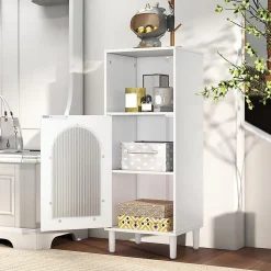 Armoire de Salle de Bain, avec Étagère Réglable, Porte Verre Cannelée,1 Compartiment Ouvert, pour Entrée, 35 x 30 x 90 cm, Blanc
