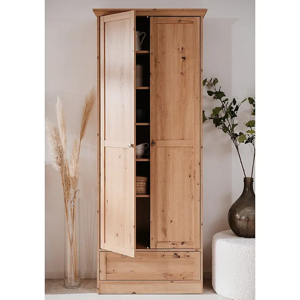 Armoire d'entrée 2 portes à cadre, 5 étagères et 1 tiroir L80 cm - TIMBER