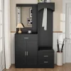 Armoire d'entrée Moderne avec Miroir et Penderie Cachée - Vestiaire Compact avec Étagères Réglables - Noir - 110x33x185,5 cm