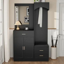 Armoire d'entrée Moderne avec Miroir et Penderie Cachée - Vestiaire Compact avec Étagères Réglables - Noir - 110x33x185,5 cm