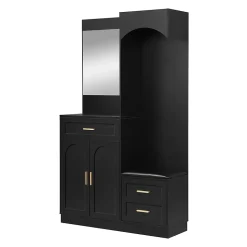 Armoire d'entrée Moderne avec Miroir et Penderie Cachée - Vestiaire Compact avec Étagères Réglables - Noir - 110x33x185,5 cm