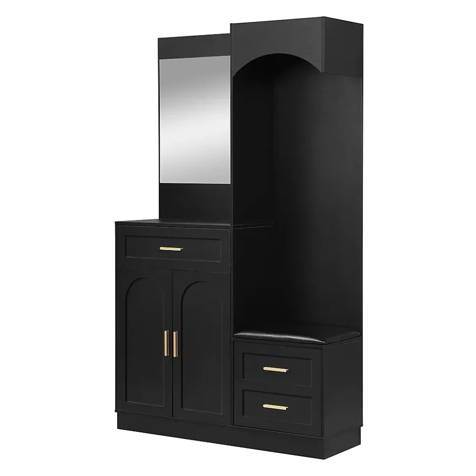 Armoire d'entrée Moderne avec Miroir et Penderie Cachée - Vestiaire Compact avec Étagères Réglables - Noir - 110x33x185,5 cm