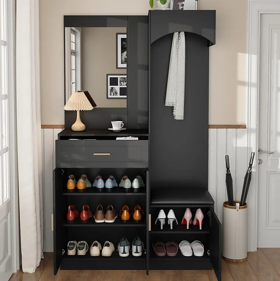 Armoire d'entrée Moderne avec Miroir et Penderie Cachée - Vestiaire Compact avec Étagères Réglables - Noir - 110x33x185,5 cm