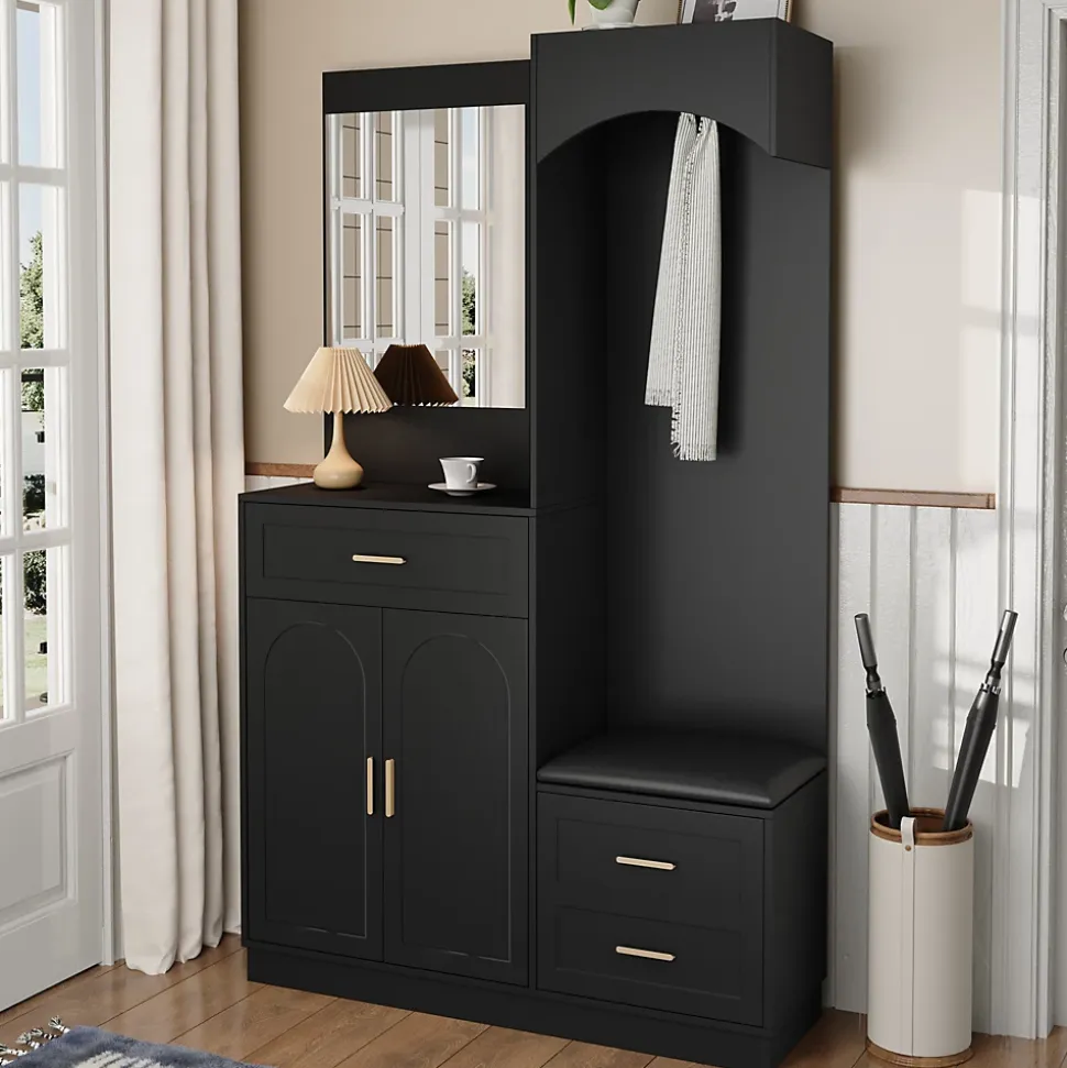 Armoire d'entrée Moderne avec Miroir et Penderie Cachée - Vestiaire Compact avec Étagères Réglables - Noir - 110x33x185,5 cm