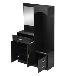 Armoire d'entrée Moderne avec Miroir et Penderie Cachée - Vestiaire Compact avec Étagères Réglables - Noir - 110x33x185,5 cm