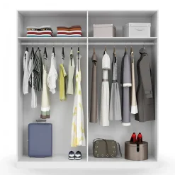 Armoire Dfusell, Armoire de chambre avec 4 portes battantes, Armoire avec 2 Etageres et tringle à vêtements, 180x52h200 cm, Blanc