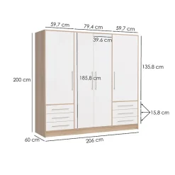 Armoire dressing 207 cm 4 portes blanc décor chêne clair - FARO