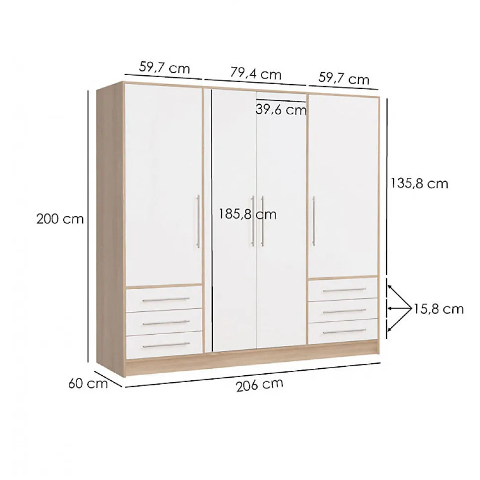Armoire dressing 207 cm 4 portes blanc décor chêne clair - FARO