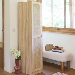 Armoire dressing cannage et effet bois. garde-robe 1 porte. 5 étagères H180cm