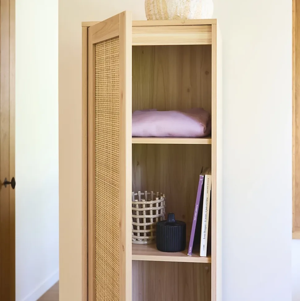 Armoire dressing cannage et effet bois. garde-robe 1 porte. 5 étagères H180cm
