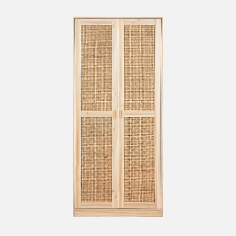 Armoire dressing cannage et effet bois. 2 portes avec penderie et rangements