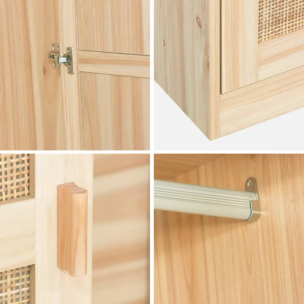 Armoire dressing cannage et effet bois. 2 portes avec penderie et rangements