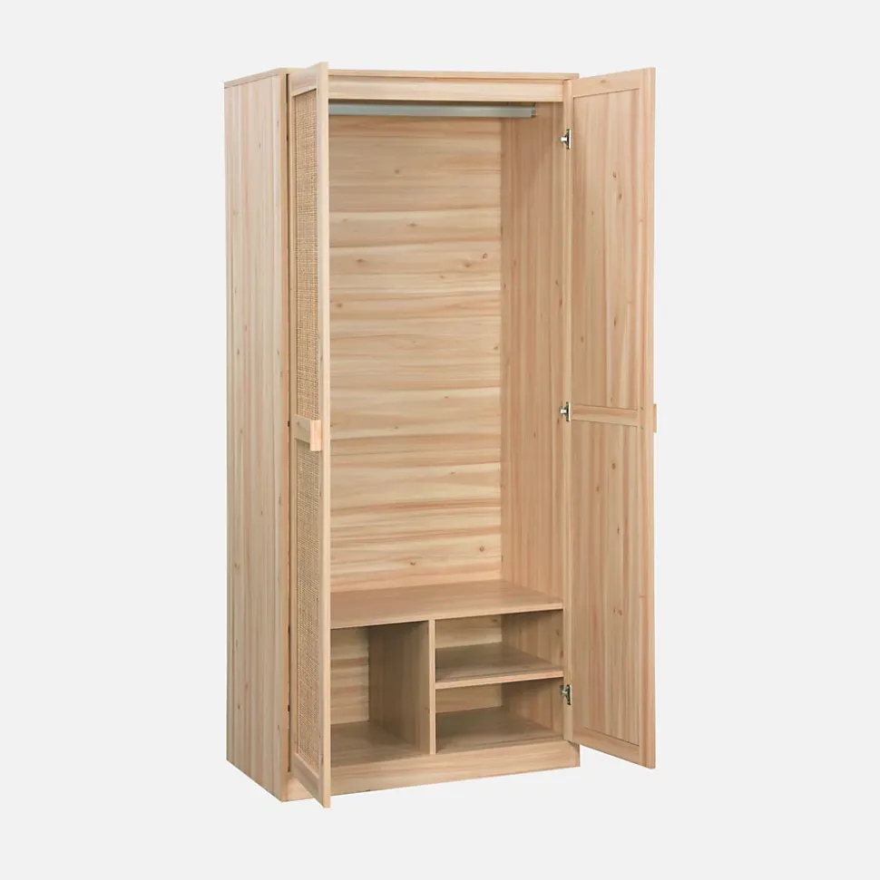 Armoire dressing cannage et effet bois. 2 portes avec penderie et rangements