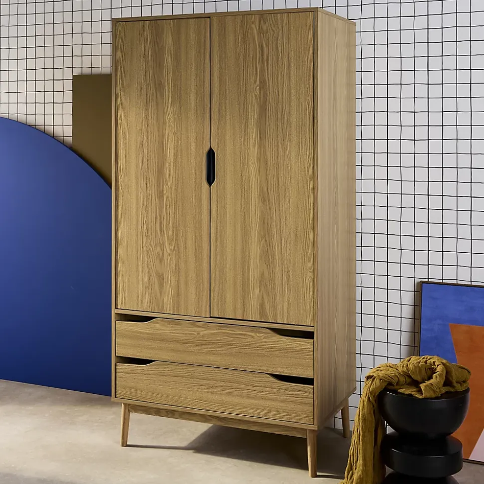 Armoire dressing vintage effet frêne 2 portes. 2 tiroirs. 1 tringle