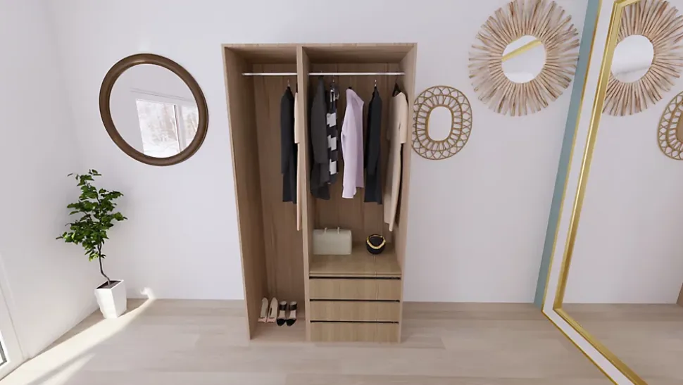 Armoire effet chêne double penderie 3 tiroirs GoodHome Atomia H. 225 x L. 125 x P. 58 cm