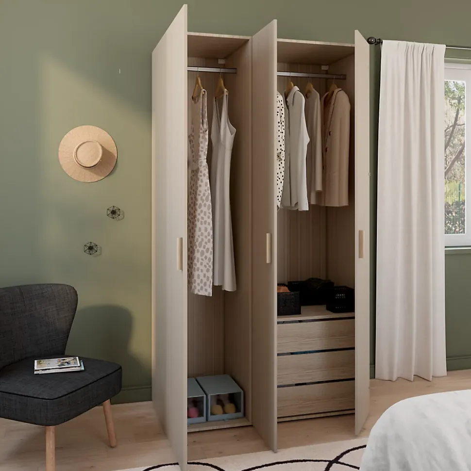 Armoire effet chêne double penderie 3 tiroirs GoodHome Atomia H. 225 x L. 125 x P. 58 cm