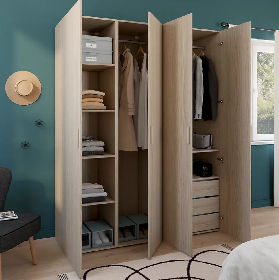 Armoire effet chêne double penderie 3 tiroirs GoodHome Atomia H. 225 x L. 175 x P. 58 cm