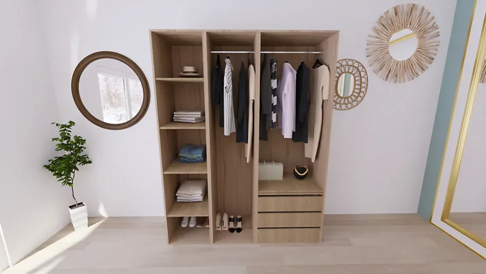 Armoire effet chêne double penderie 3 tiroirs GoodHome Atomia H. 225 x L. 175 x P. 58 cm