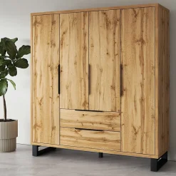 Armoire en bois style Scandinave 190cm avec 4 portes et 2 tiroirs couleur chene brut. Collection MILOS