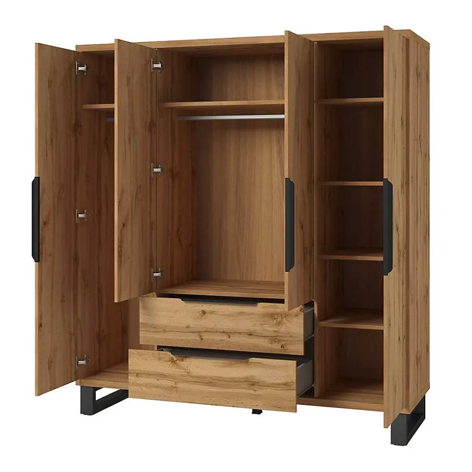 Armoire en bois style Scandinave 190cm avec 4 portes et 2 tiroirs couleur chene brut. Collection MILOS