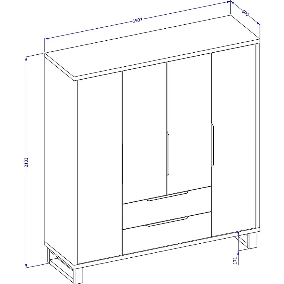 Armoire en bois style Scandinave 190cm avec 4 portes et 2 tiroirs couleur chene brut. Collection MILOS