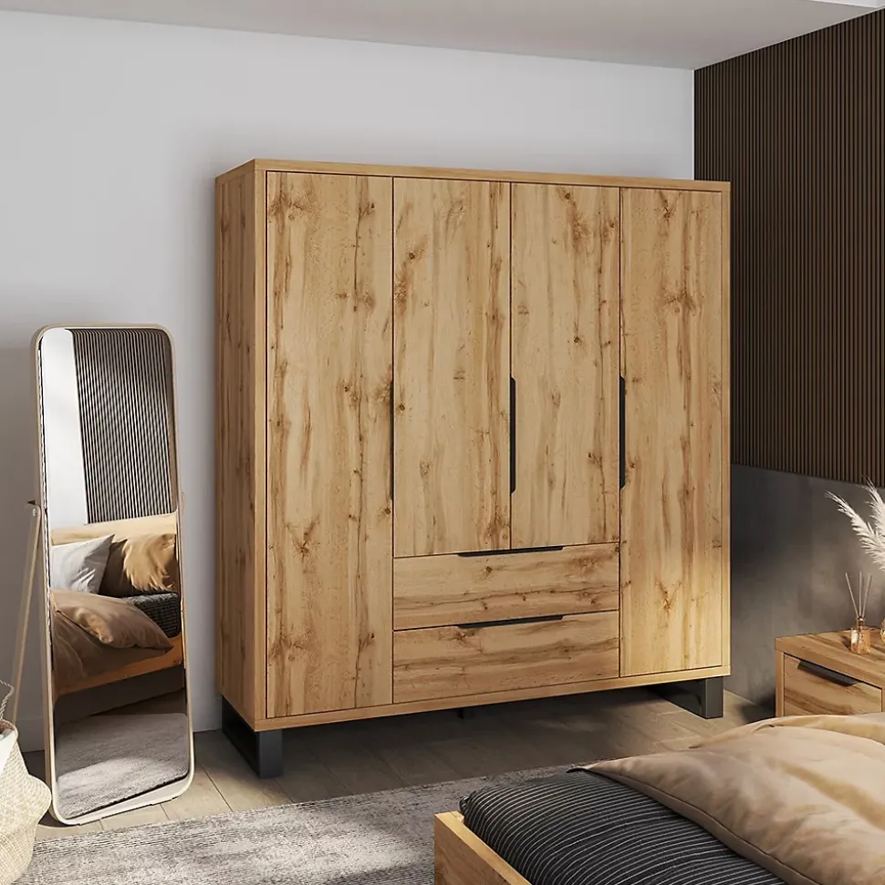 Armoire en bois style Scandinave 190cm avec 4 portes et 2 tiroirs couleur chene brut. Collection MILOS