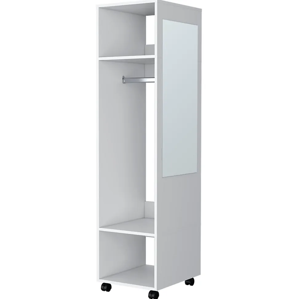 Armoire en mélamine Kronospan, trois étagères, tringle à vêtements et miroir inclus, Blanc, 160 cm X 40 cm X 48 cm