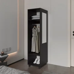 Armoire en mélamine Kronospan, trois étagères, tringle à vêtements et miroir inclus, Noir, 160 cm X 40 cm X 48 cm