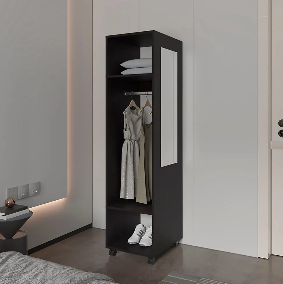 Armoire en mélamine Kronospan, trois étagères, tringle à vêtements et miroir inclus, Noir, 160 cm X 40 cm X 48 cm