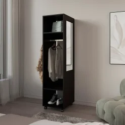 Armoire en mélamine Kronospan, trois étagères, tringle à vêtements et miroir inclus, Noir, 160 cm X 40 cm X 48 cm