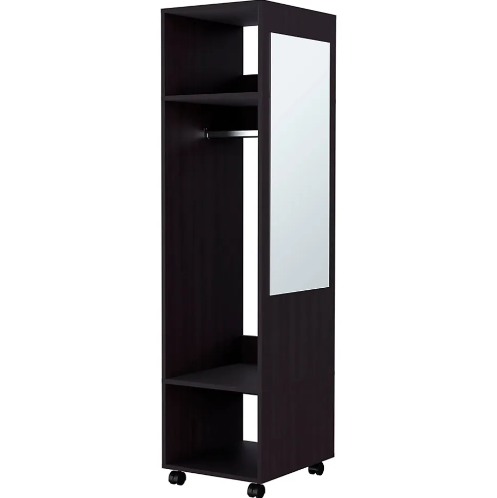 Armoire en mélamine Kronospan, trois étagères, tringle à vêtements et miroir inclus, Noir, 160 cm X 40 cm X 48 cm