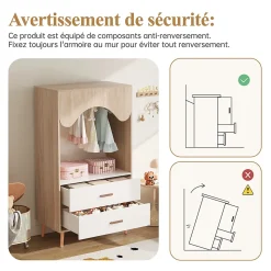 Armoire Enfant - Penderie Ouverte avec 2 Tiroirs, Meuble de Chambre Pratique - Bois MDF, Blanc et Bois Naturel, 80x46x141,5 cm