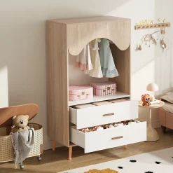 Armoire Enfant - Penderie Ouverte avec 2 Tiroirs, Meuble de Chambre Pratique - Bois MDF, Blanc et Bois Naturel, 80x46x141,5 cm