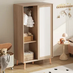 Armoire Enfant - Portes Coulissantes avec Tringle, Meuble de Chambre Pratique - Bois MDF, Blanc et Bois Naturel, 80x46x141,5 cm