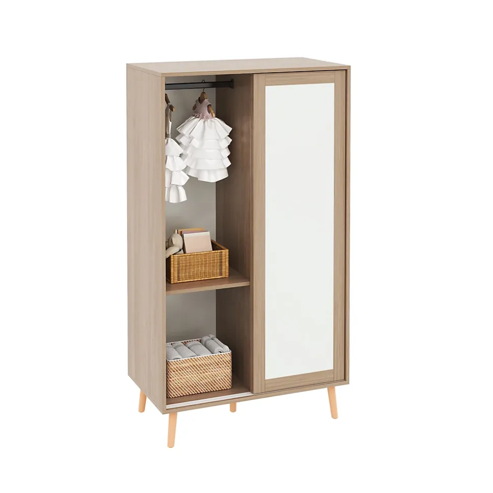 Armoire Enfant - Portes Coulissantes avec Tringle, Meuble de Chambre Pratique - Bois MDF, Blanc et Bois Naturel, 80x46x141,5 cm